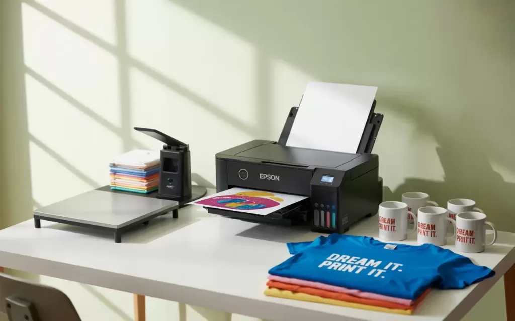 Uma impressora de sublimação Epson preta em uma mesa branca, com uma camiseta azul dobrada exibindo a frase "DREAM IT. PRINT IT." impressa, pilhas de papel de sublimação e canecas brancas personalizadas, indicando um setup para impressão de sublimação e personalização de itens.