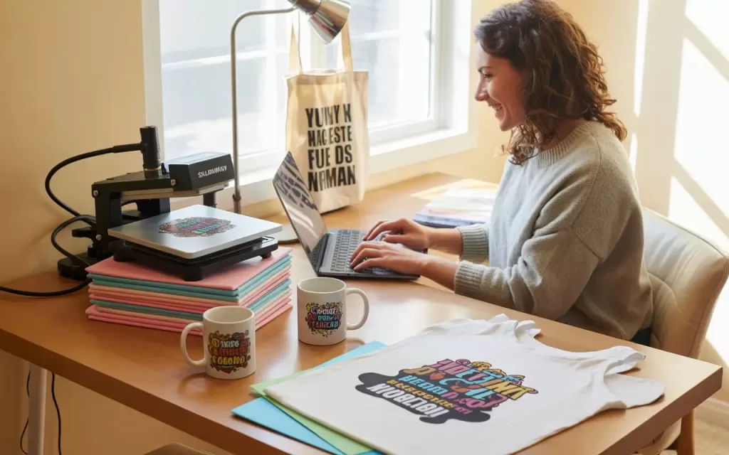 Mulher sorridente em home office usando uma prensa de sublimação e um laptop, com canecas e camisetas estampadas sobre a mesa, representando um ambiente de trabalho criativo para personalização de produtos.