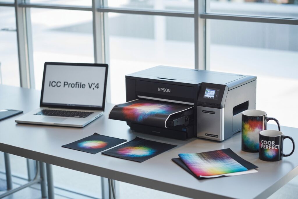Espaço de trabalho moderno com impressora sublimática colorida, laptop exibindo perfis de cores e prensa térmica, destacando cores vibrantes em tecidos e canecas personalizadas.