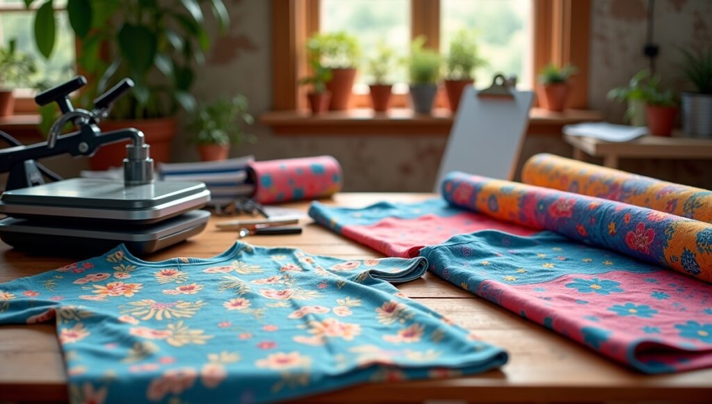 Estúdio criativo com tecidos estampados por sublimação total, mostrando camisetas e rolos de tecido com padrões coloridos e design autoral.