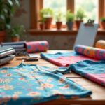 Estúdio criativo com tecidos estampados por sublimação total, mostrando camisetas e rolos de tecido com padrões coloridos e design autoral.