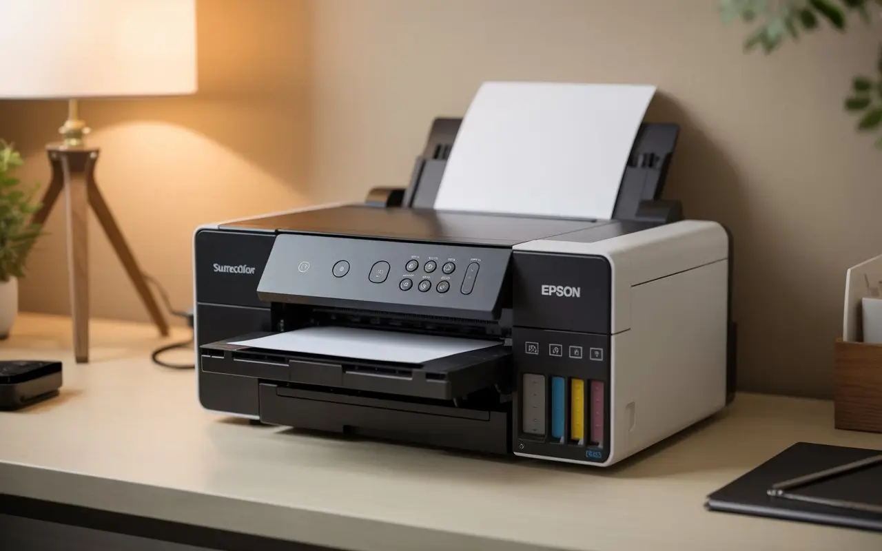 Uma impressora sublimática Epson SureColor preta e branca, modelo Ecotank, posicionada em uma mesa de escritório clara. A impressora tem folhas de papel brancas na bandeja superior e na bandeja frontal, e à direita, tanques de tinta coloridos (ciano, magenta, amarelo e preto) visíveis. Ao fundo, há um abajur aceso e uma planta verde, criando um ambiente de trabalho acolhedor.