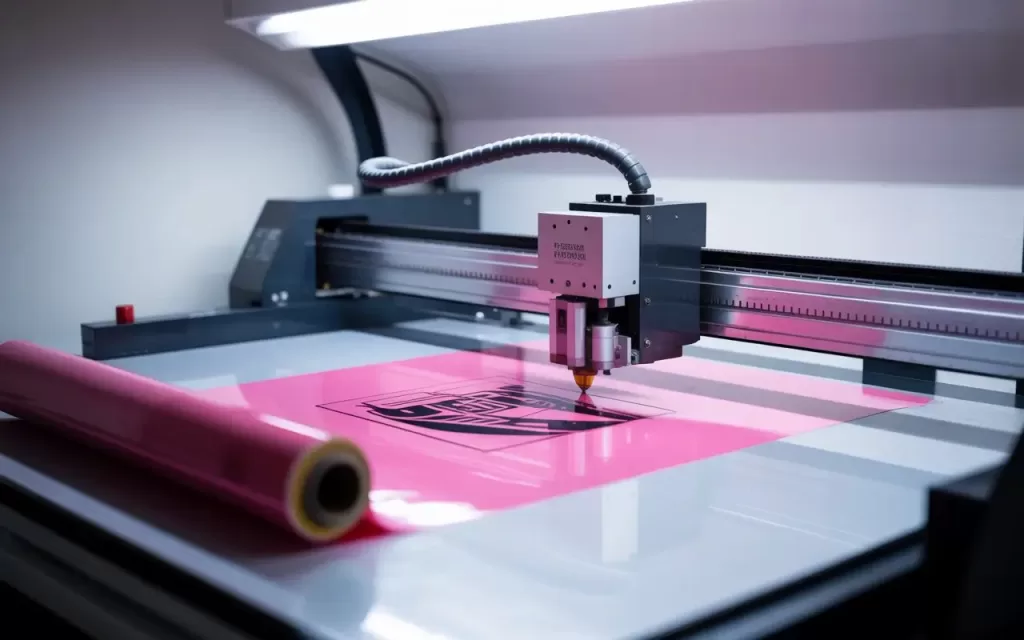 Plotter de recorte em ação, cortando vinil termocolante rosa com um design complexo. Ao lado, um rolo de material flexível, ilustrando a precisão da máquina no processo de personalização.