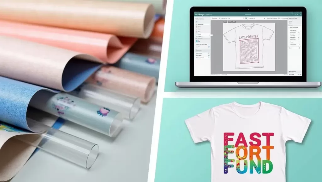Colagem de materiais flexíveis para corte, tela de notebook com software de design para plotter e camiseta branca personalizada com vinil colorido recortado.
