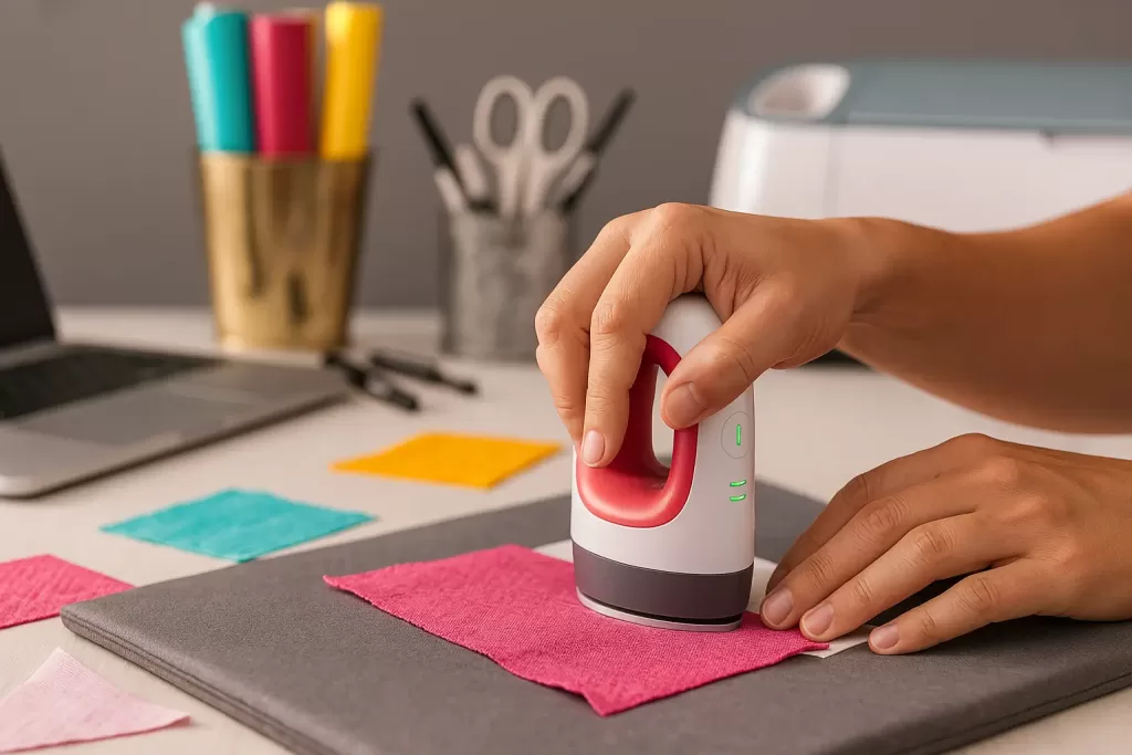 Mini prensa térmica personalizada em uso, estampando tecido em um ambiente criativo, com materiais de sublimação ao redor
