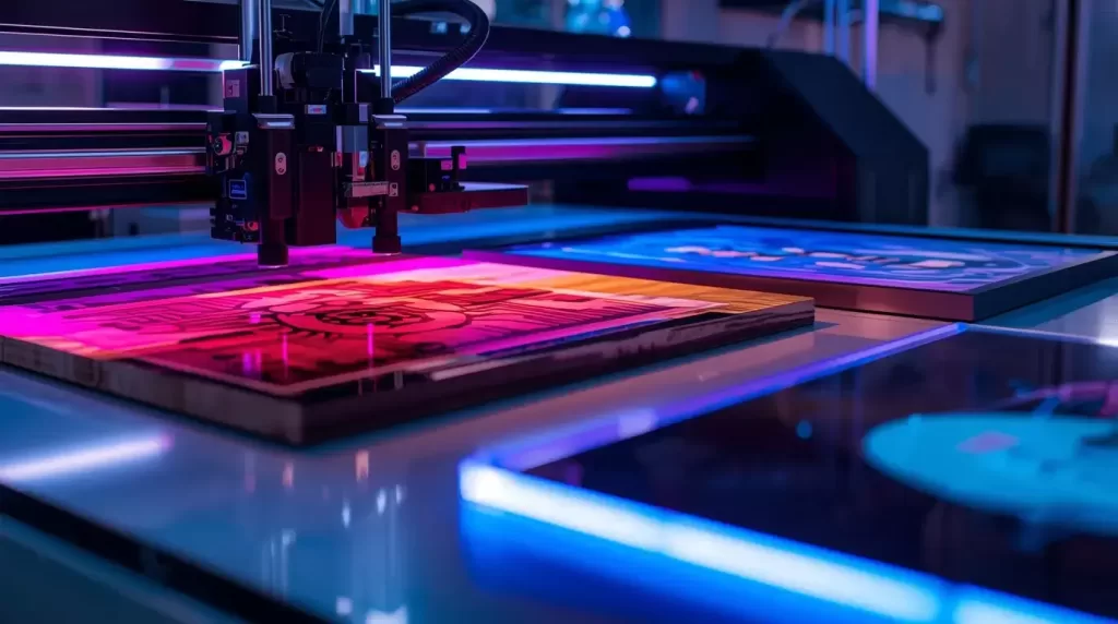 Mesa de impressão UV com produtos rígidos sendo personalizados, mostrando cores vibrantes e equipamentos profissionais em ação.