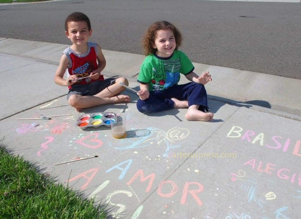 Dois meninos brasileiros, um com cabelo liso e outro com cabelo cacheado, sentados no chão de concreto ao ar livre, com um asfalto ao fundo e um pouco de grama no canto inferior esquerdo. Eles estão sorrindo e têm uma paleta de pintura (forma de muffin) com tintas coloridas, pincéis e um copo de líquido ao lado. No chão, há palavras escritas em português com tinta de giz colorido, como "AMOR", "ALEGRIA" e "BRASIL", além de alguns desenhos e respingos de tinta.