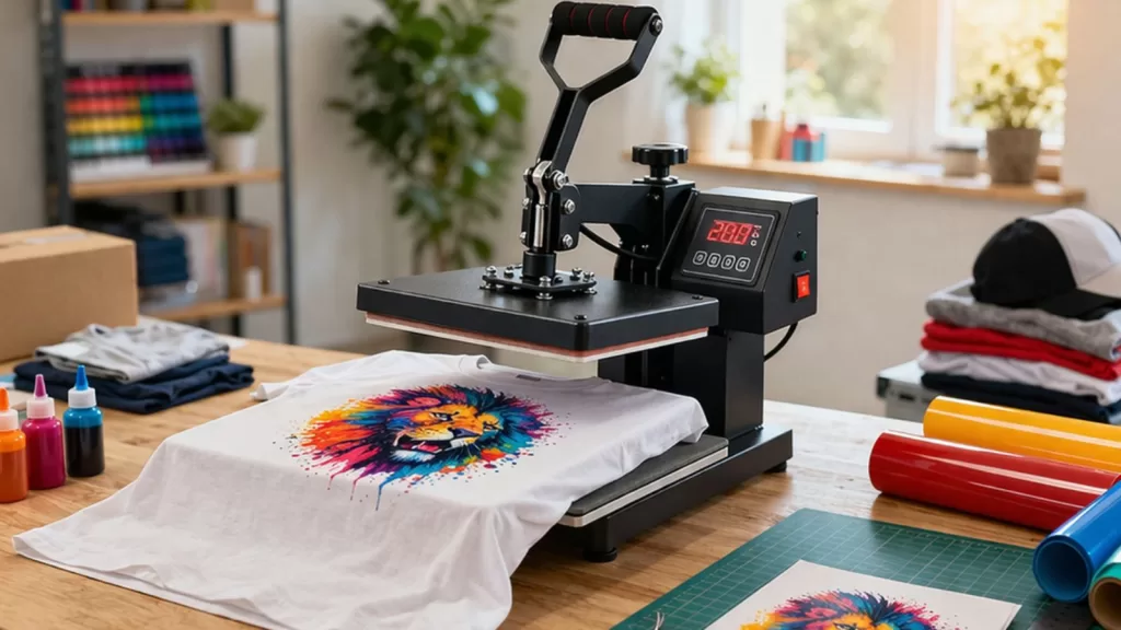 Máquina de estampar camisetas profissional em uso com prensa térmica aplicando estampa colorida em camiseta