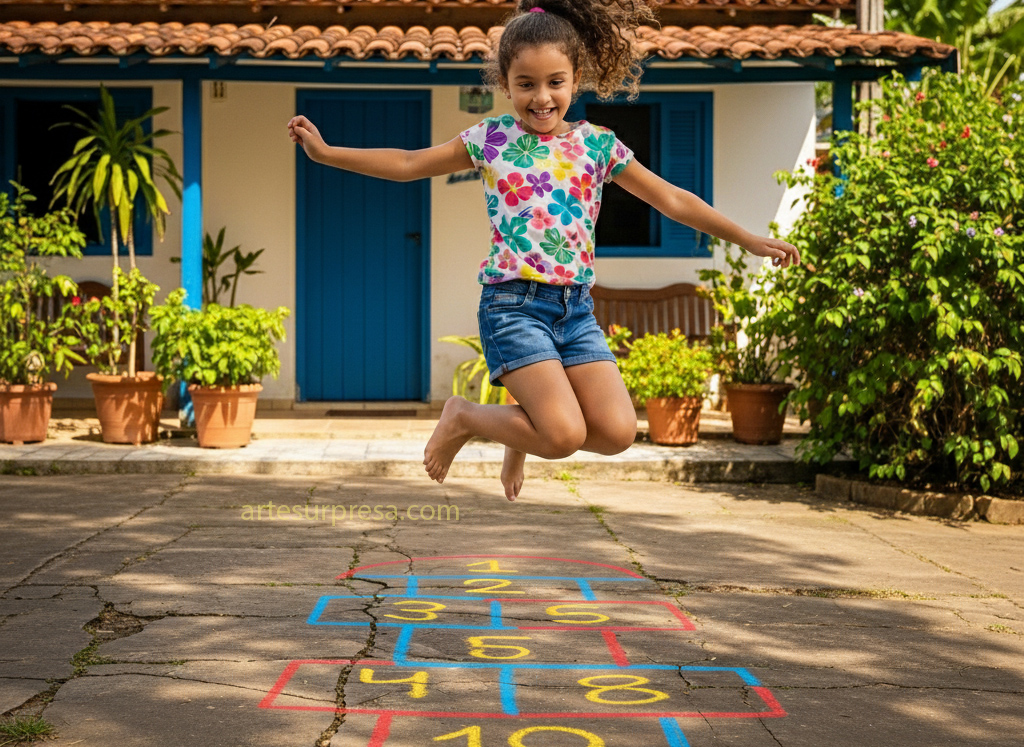 Uma menina brasileira de aproximadamente 7 anos, com cabelo cacheado preso em um rabo de cavalo alto, pulando alegremente e descalça em uma amarelinha colorida desenhada com giz na calçada. Ela veste uma camiseta florida e shorts jeans. A amarelinha possui números de 1 a 10 e está colorida com as cores primárias (vermelho, azul, amarelo). Ao fundo, vê-se a frente de uma casa brasileira tradicional com telhado de barro, paredes brancas, portas e janelas azuis, e muitos vasos de plantas. O céu está azul com algumas nuvens.