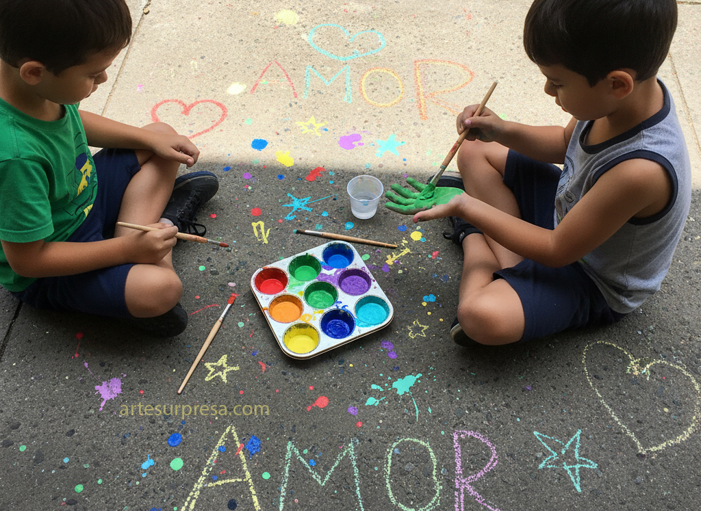 Dois meninos brasileiros sentados no chão de concreto, vistos de cima. Entre eles, uma paleta de muffin com seis compartimentos de tintas primárias (vermelho, azul, amarelo) e secundárias (verde, laranja, roxo). O menino à direita tem a mão esquerda pintada de verde e está aplicando mais tinta com um pincel. O menino à esquerda segura um pincel. O chão está decorado com a palavra "AMOR" escrita em tinta de giz, corações, estrelas e muitos respingos coloridos.