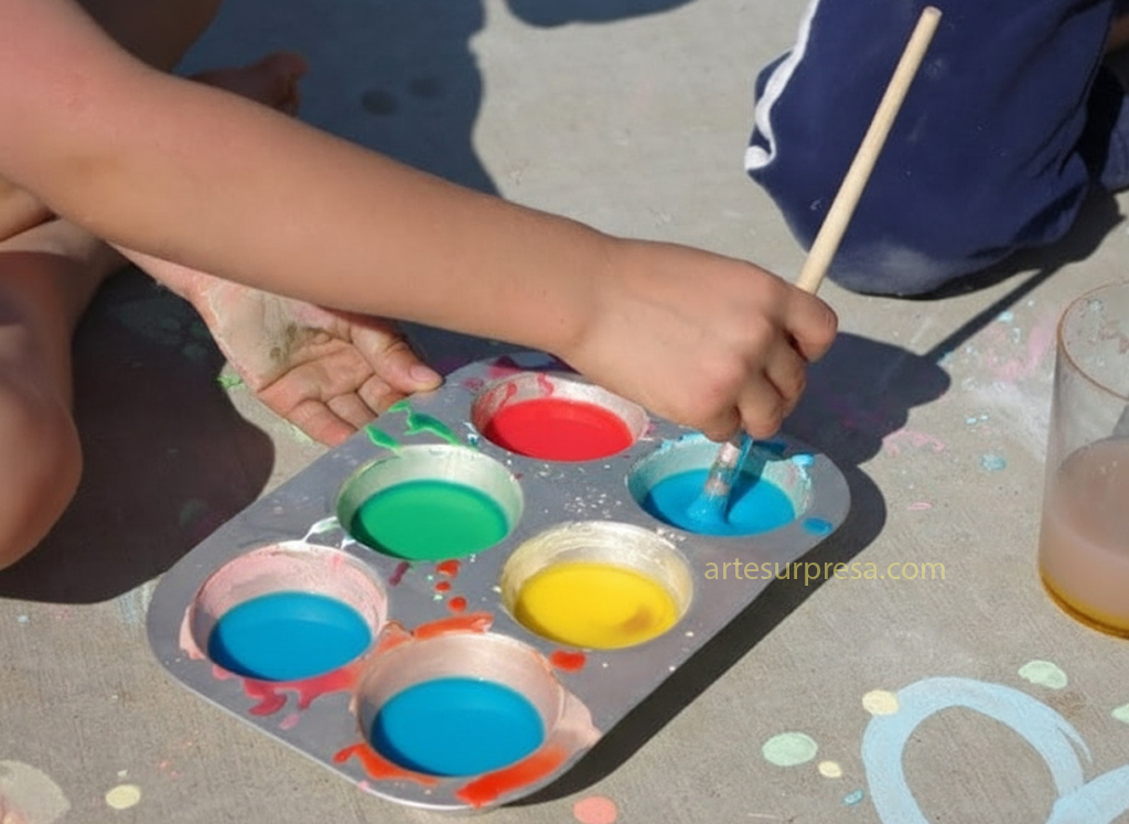 Uma criança sentada no chão de concreto, com uma forma de muffin metálica no colo, que serve como paleta de pintura. As seis cavidades estão preenchidas com tintas de cores primárias e secundárias vibrantes: vermelho, amarelo, azul, verde e duas outras cavidades com tons de azul e vermelho. A criança segura um pincel de madeira e o mergulha na tinta azul. Há um copo com um líquido amarronzado e desenhos de giz na calçada ao redor.