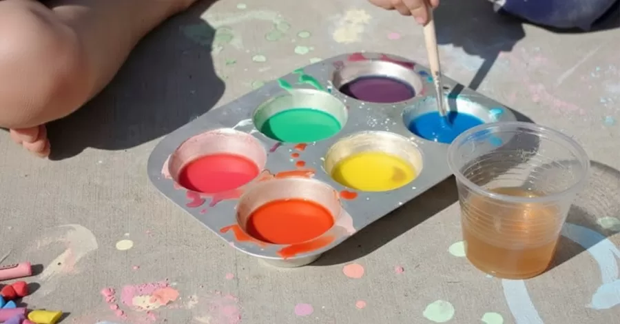 Mãos de criança próximas a uma forma de muffin metálica cheia de tintas de giz vibrantes (vermelho, laranja, amarelo, verde, azul, roxo) no concreto. Uma das mãos segura um pincel mergulhado na tinta azul. Ao lado, um copo com água suja de tinta, lenços de papel e giz de calçada. O chão está salpicado de cores.