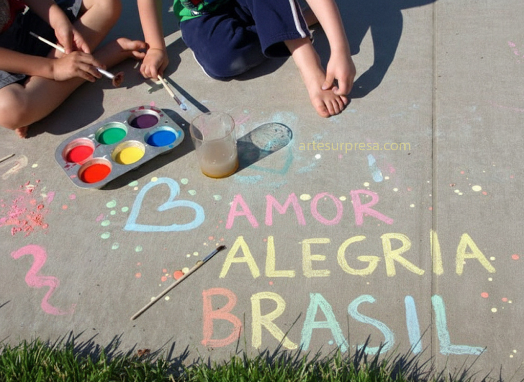 Uma imagem de cima para baixo mostrando duas crianças sentadas no chão de concreto, com os pés descalços, pintando com tinta de giz. Uma forma de muffin metálica serve como paleta, contendo tintas vermelhas, amarelas, azuis e outras cores vibrantes. Há um copo com líquido ao lado. No chão, estão escritas em tinta de giz as palavras "AMOR", "ALEGRIA" e "BRASIL" em cores diferentes, além de desenhos e respingos. Um pouco de grama aparece no canto inferior esquerdo.