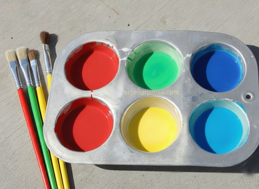 Uma forma de muffin de metal cinza com seis compartimentos circulares. Quatro compartimentos contêm tinta vermelha, um contém tinta amarela e outro contém tinta azul. Ao lado da forma, há cinco pincéis de cabo colorido: dois com cabo vermelho, um com cabo verde e dois com cabo amarelo. No centro da imagem, há uma marca d'água discreta com o texto "artesurpresa.com".