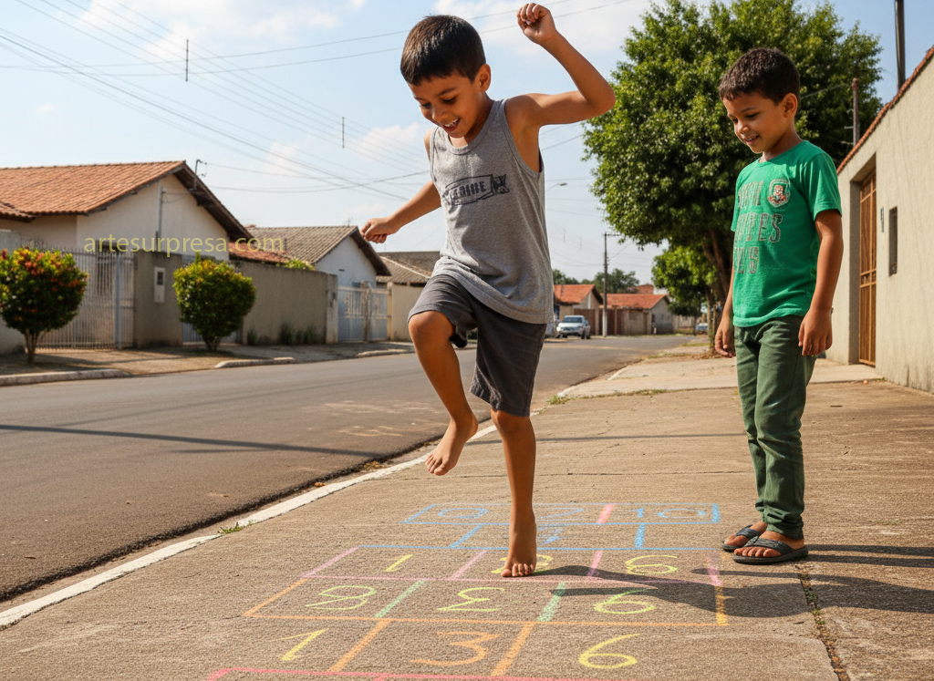 Dois meninos brasileiros brincando de amarelinha em uma calçada de concreto. O menino da esquerda, de regata cinza e shorts escuros, está pulando descalço na casa número 9 da amarelinha, com os braços flexionados para o alto, sorrindo e olhando para baixo. O menino da direita, de camiseta verde e calça verde, com chinelos, observa. A amarelinha está desenhada no chão com giz colorido e tem os números de 1 a 10. Ao fundo, casas simples e uma rua asfaltada com o céu azul e algumas nuvens.