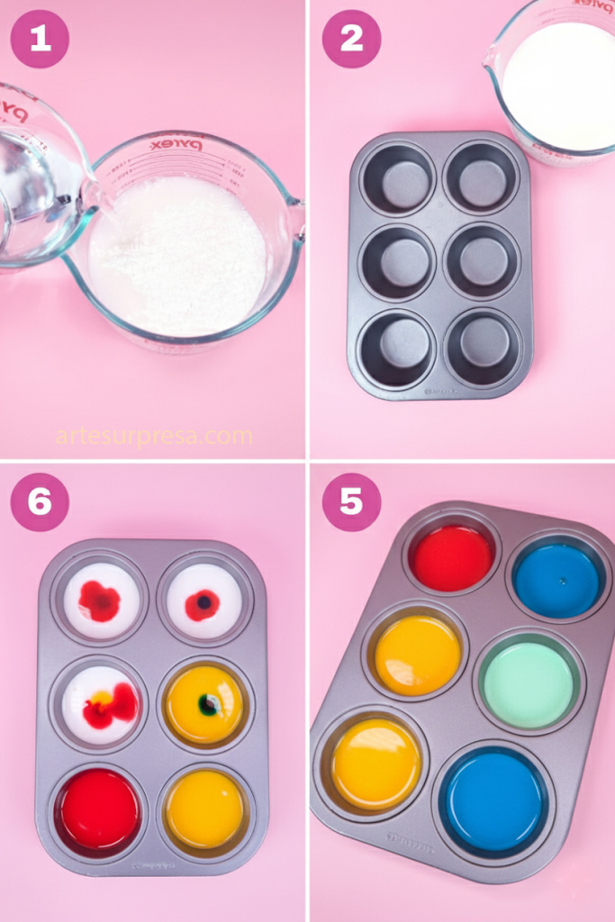 Uma colagem de quatro fotos que mostram o processo de criação de tintas coloridas em uma forma de muffin sobre um fundo rosa. A primeira imagem (1) mostra água sendo despejada em um pó branco. A segunda (2) mostra uma forma de muffin vazia. A terceira (6) exibe as cavidades da forma com gotas de corante vermelho e amarelo em bases brancas, e duas cavidades já preenchidas com vermelho e amarelo sólidos. A quarta imagem (5) mostra a forma de muffin com as cavidades preenchidas com tintas coloridas, incluindo vermelho, azul, amarelo e ciano, verde e magenta.