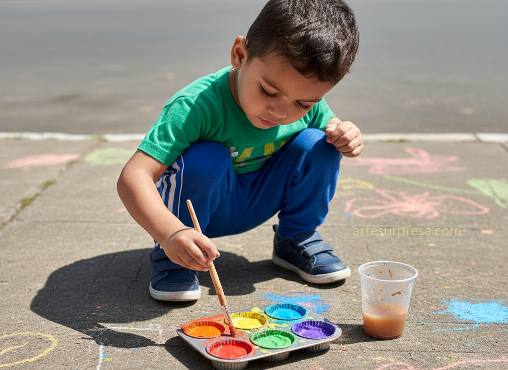 Um menino brasileiro, com cabelo escuro e pele morena, agachado em uma calçada de concreto sob a luz do sol. Ele veste uma camiseta verde e calças azuis e está concentrado em pintar com um pincel em uma paleta de muffin metálica, que contém tintas vibrantes nas cores vermelho, laranja, amarelo, verde, azul e roxo. Ao lado da paleta, há um copo com um líquido amarronzado e o chão está decorado com desenhos coloridos e rabiscos de giz.