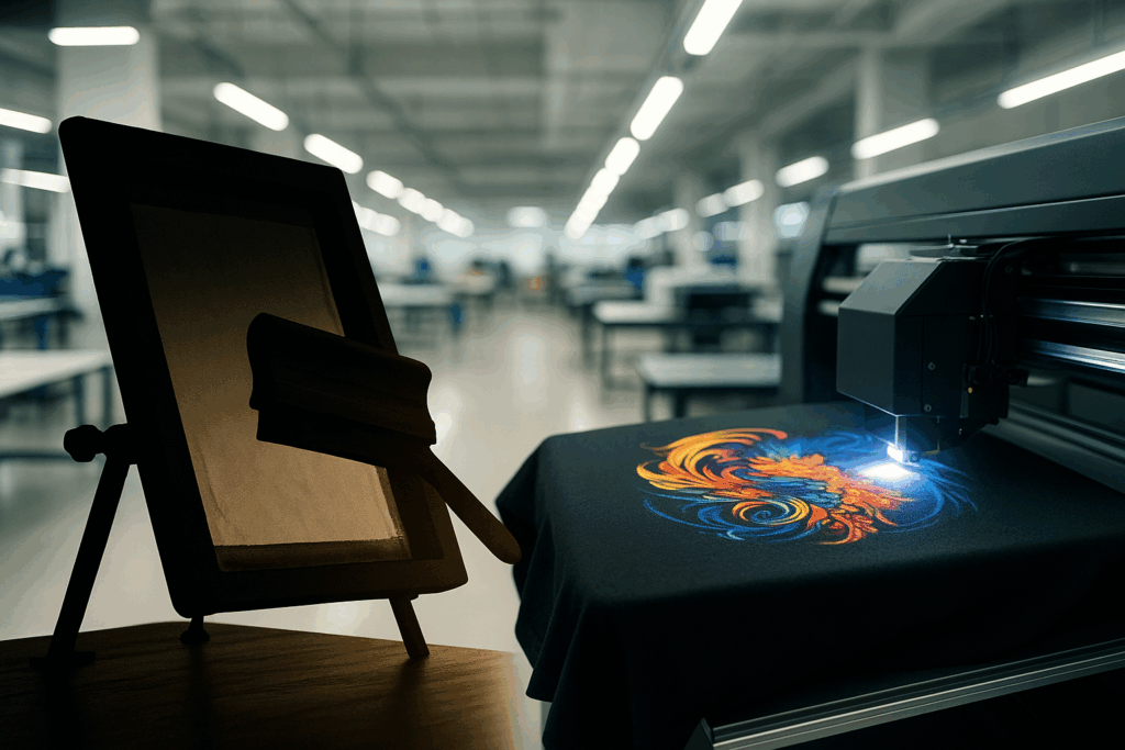 Impressora digital estampando uma camiseta preta com design colorido em um ambiente de produção têxtil, ao lado de uma tela de serigrafia tradicional.