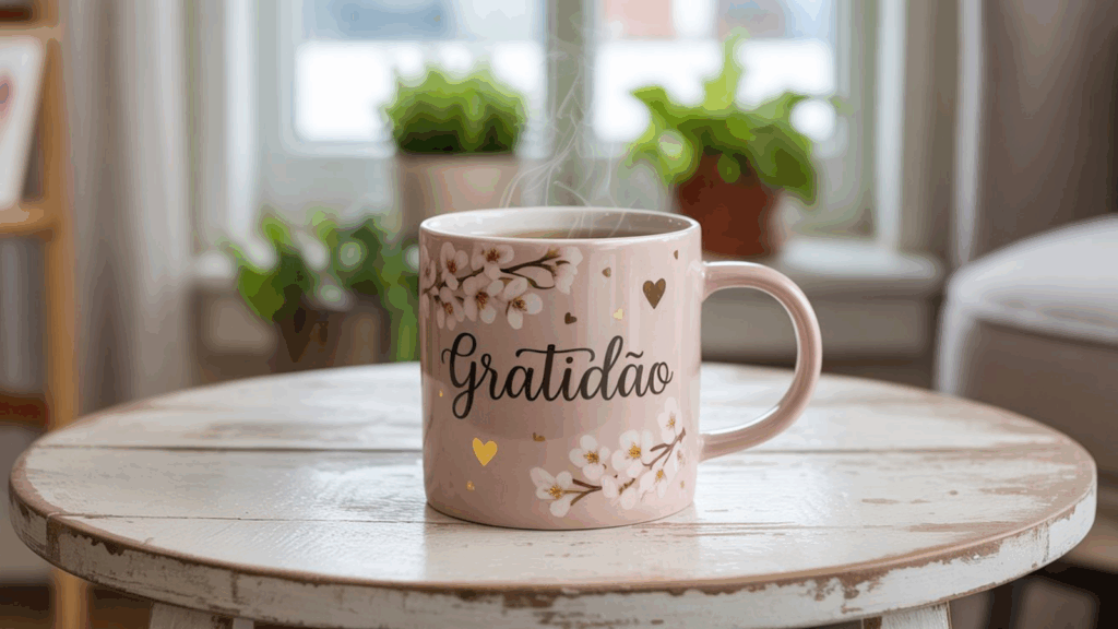 Caneca rosa com estampa de flores de cerejeira e a palavra "Gratidão" em letras cursivas pretas, com corações dourados. A caneca está cheia de uma bebida quente, com vapor subindo, e repousa sobre uma mesa rústica de madeira clara. Ao fundo, uma janela com plantas em vasos e um ambiente iluminado complementam a cena acolhedora.