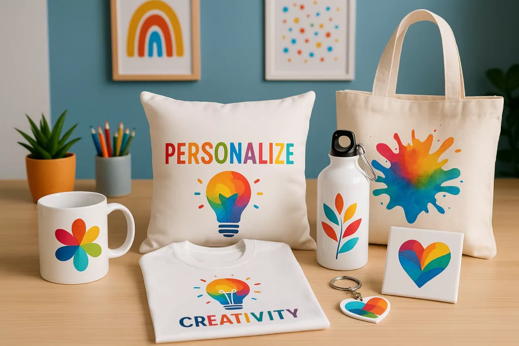 Uma coleção de itens personalizados sobre uma mesa de madeira clara contra uma parede azul. Os itens incluem uma caneca branca com uma flor colorida, um travesseiro com as palavras "PERSONALIZE" e uma lâmpada com um espectro de cores, uma camiseta branca com a palavra "CREATIVITY" e uma lâmpada colorida, uma garrafa de água branca com um padrão de folhas coloridas, uma sacola de tecido com um respingo de tinta vibrante, uma peça de cerâmica quadrada com um coração pixelizado colorido e um chaveiro de coração colorido. Ao fundo, em uma prateleira, há duas molduras com ilustrações coloridas abstratas e um pequeno vaso de planta.