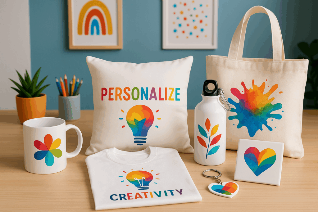 Uma coleção de itens personalizados sobre uma mesa de madeira clara contra uma parede azul. Os itens incluem uma caneca branca com uma flor colorida, um travesseiro com as palavras "PERSONALIZE" e uma lâmpada com um espectro de cores, uma camiseta branca com a palavra "CREATIVITY" e uma lâmpada colorida, uma garrafa de água branca com um padrão de folhas coloridas, uma sacola de tecido com um respingo de tinta vibrante, uma peça de cerâmica quadrada com um coração pixelizado colorido e um chaveiro de coração colorido. Ao fundo, em uma prateleira, há duas molduras com ilustrações coloridas abstratas e um pequeno vaso de planta.