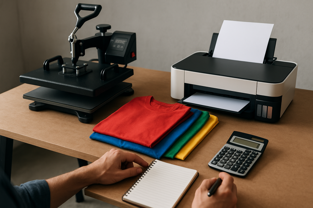equipamentos de sublimação com prensa térmica, impressora e camisetas coloridas sobre a mesa, representando cálculo de lucro no negócio de personalização