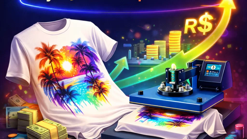 Sublimação em camisetas com prensa térmica, estampa colorida e elementos que representam lucro e crescimento em 2026