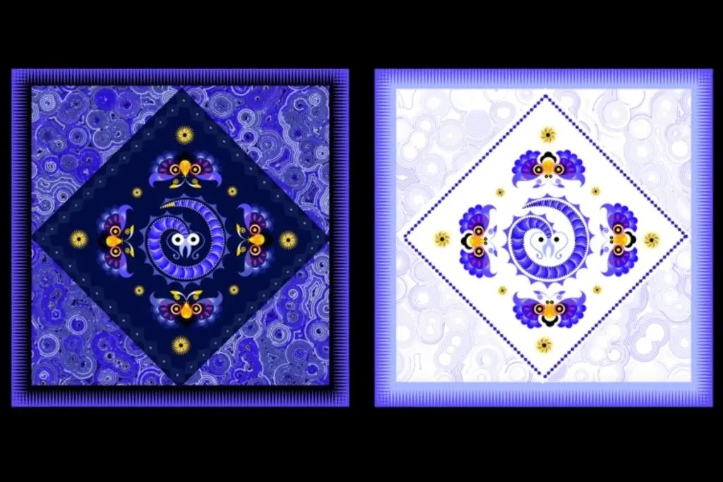 Bordado Miao NFT de arte generativa em tons de azul e roxo, apresentando padrões abstratos e símbolos culturais.