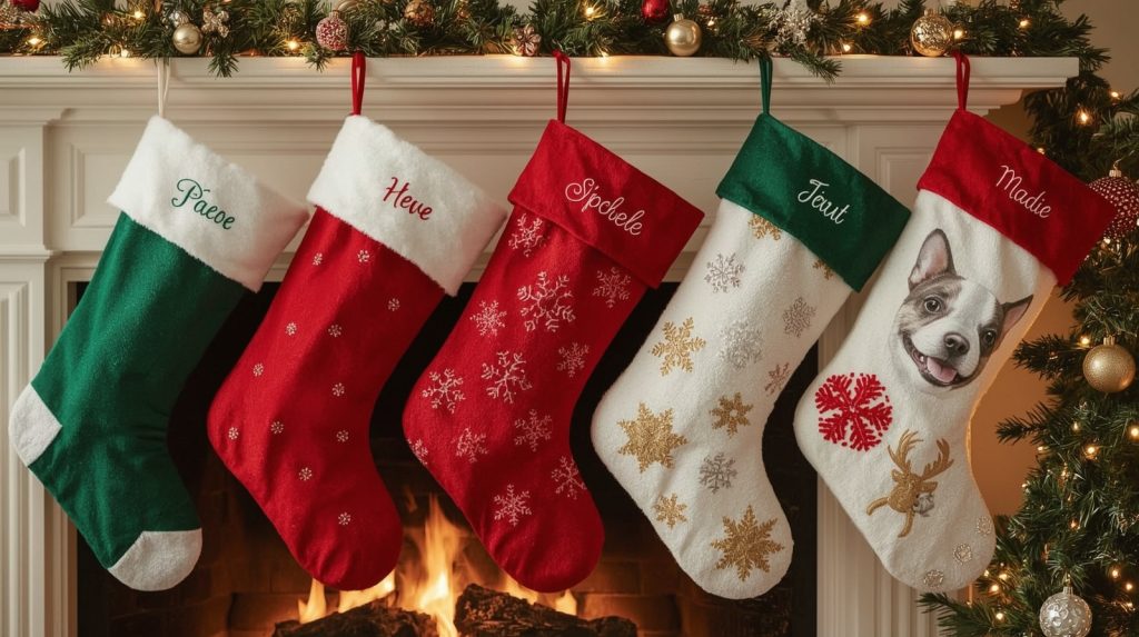cinco meias de natal personalizadas penduradas lareira nomes cachorro
