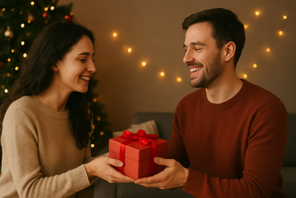 Casal trocando presente de Natal em ambiente iluminado com luzes e árvore decorada, simbolizando amor e conexão durante as festas.