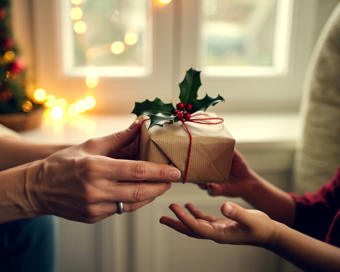 Mãos entregando um presente personalizado de natal embrulhado em papel pardo com azevinho, com luzes de fundo
