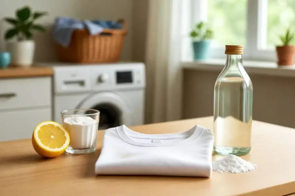 Camiseta branca dobrada com uma mancha amarela sobre uma mesa de madeira, ao lado de ingredientes naturais de limpeza: meio limão, um copo de bicarbonato de sódio e uma garrafa de vinagre em uma lavanderia iluminada.