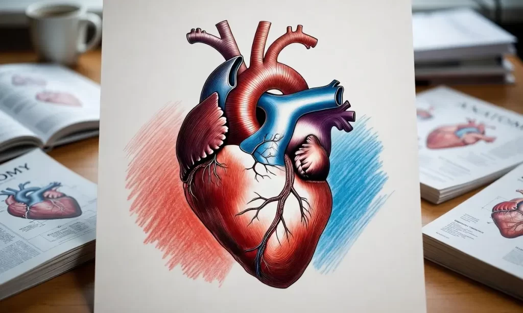 Desenho anatômico do coração humano para colorir, com partes destacadas como ventrículos direito e esquerdo, aurículas e aorta, sobre mesa com livros de anatomia