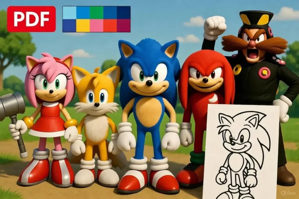 Personagens de Sonic Superstars em 3D ao lado de uma folha com desenho para colorir do Sonic e um ícone de PDF para download.