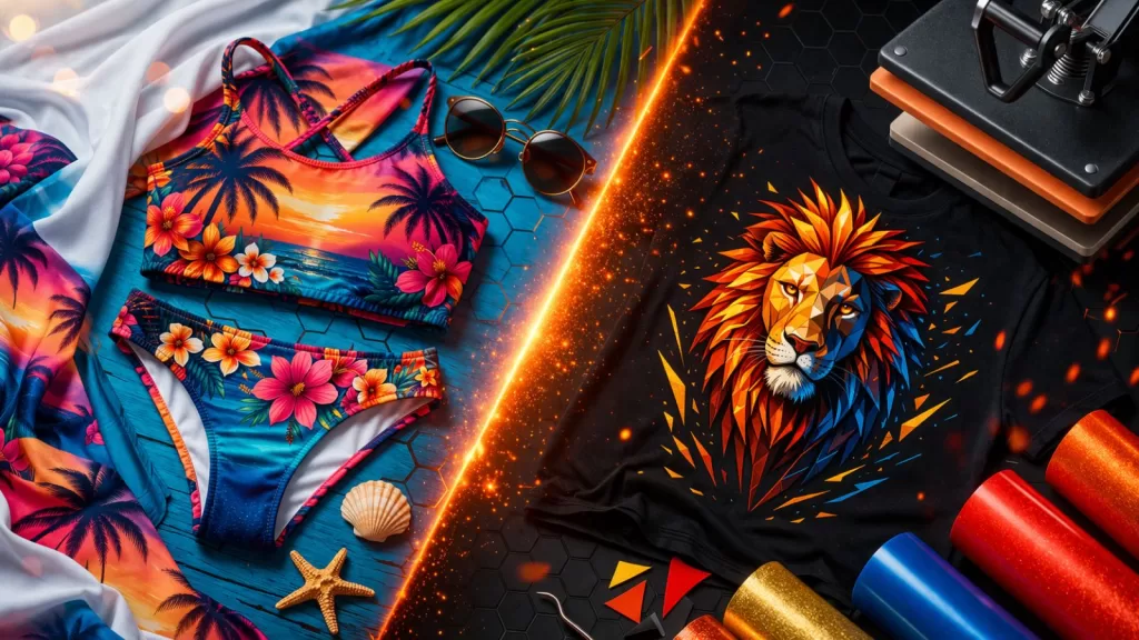 Exemplo de tecidos para sublimação com estampas vibrantes em poliéster e aplicação em camiseta personalizada