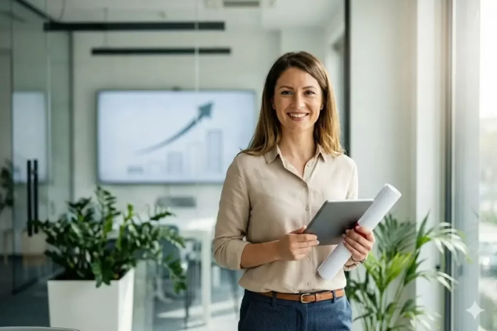 Mulher pedagoga sorridente e confiante em um escritório moderno, segurando um diploma enrolado e um tablet. Ao fundo, um gráfico de crescimento em uma tela representa a ascensão profissional na carreira educacional.