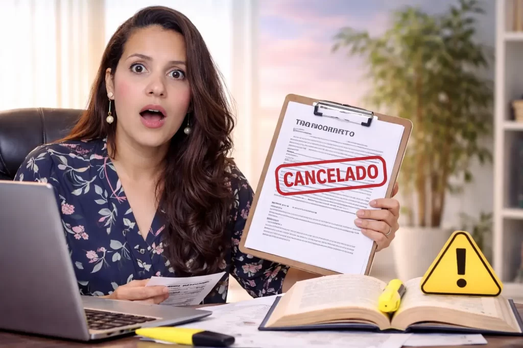 Professora assustada segurando documento cancelado durante a atribuição de aulas 2026.