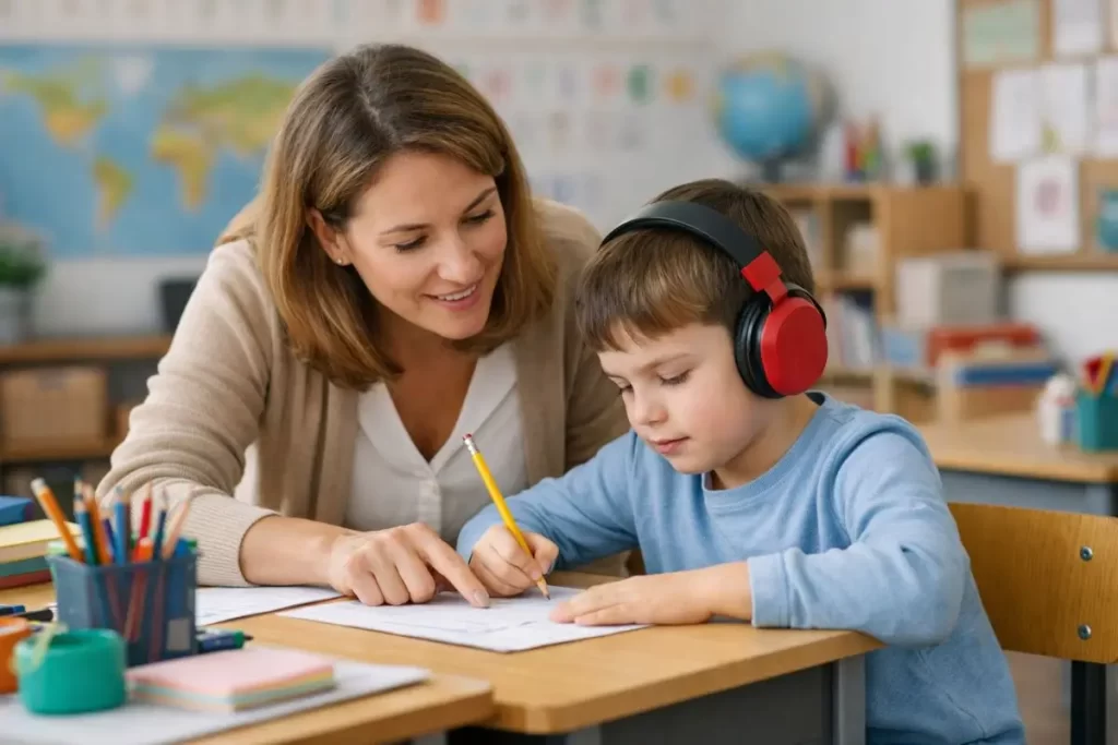 Professora ajudando aluno TEA em atividade escolar na sala de aula com apoio individual