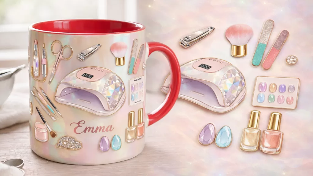 Uma caneca de cerâmica personalizada com um design iridescente e alça vermelha, exibindo uma vibrante e detalhada arte manicure para caneca que inclui ilustrações de uma lâmpada UV/LED, esmaltes, ferramentas de beleza e o nome 'Emma' em dourado.