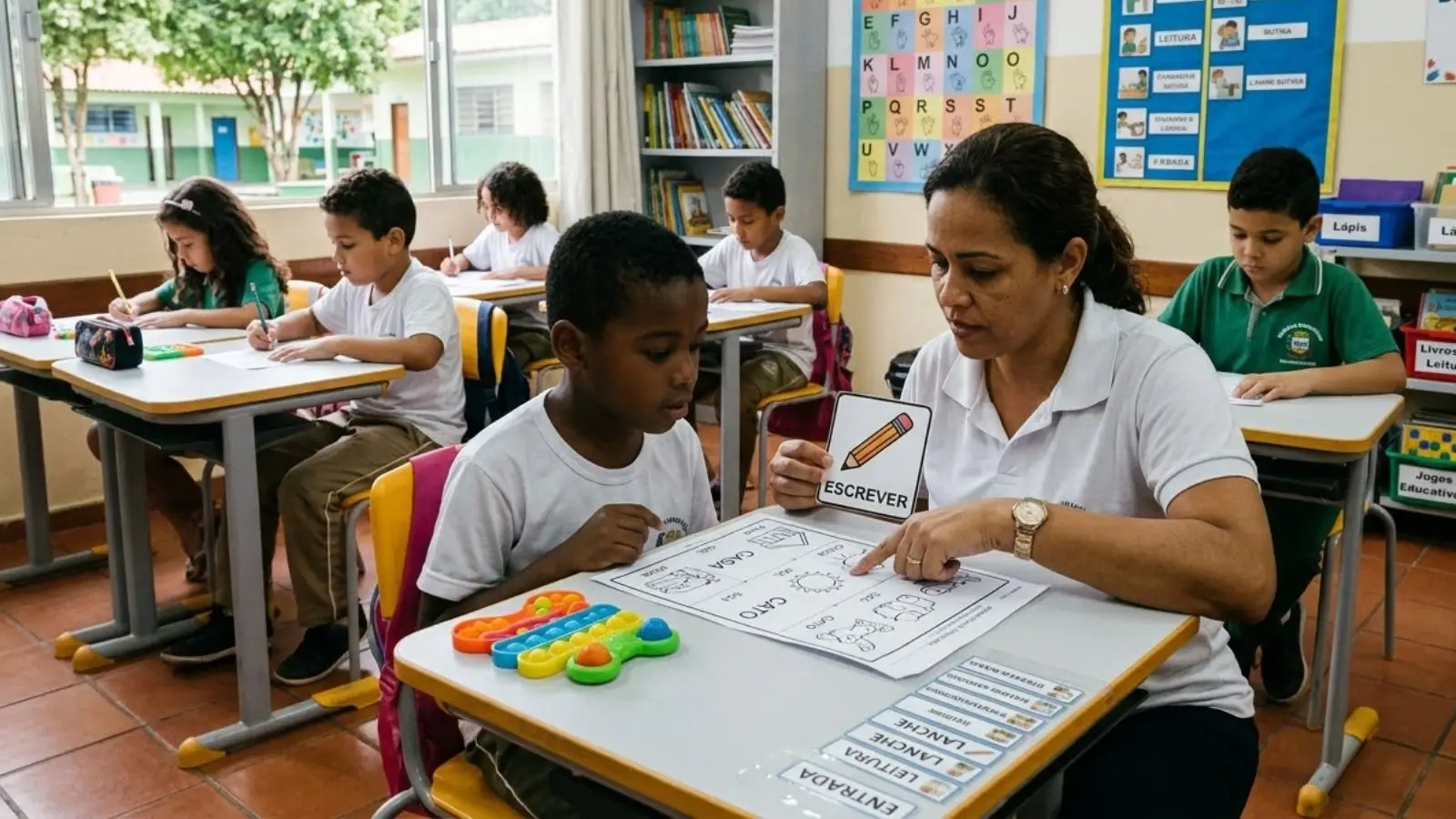Professor aplicando educação inclusiva na escola com alunos em sala de aula