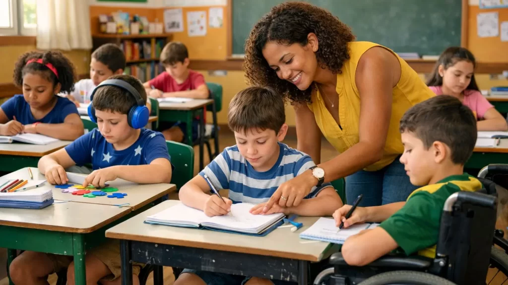Sala de aula inclusiva no Brasil com professora auxiliando aluno com autismo enquanto estudantes com e sem deficiência participam das atividades escolares