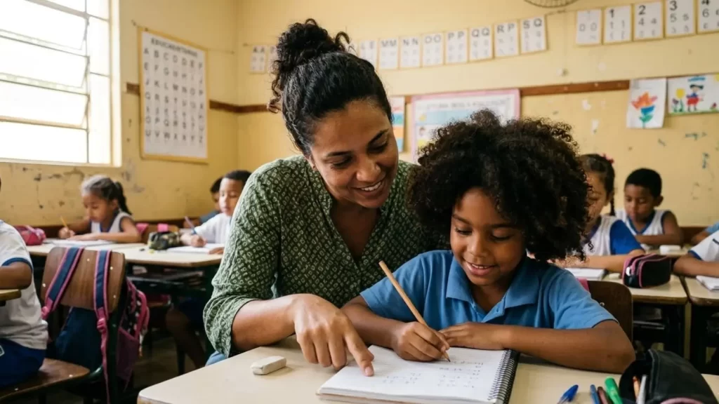 criança com tdah na escola recebendo ajuda da professora durante atividade em sala de aula