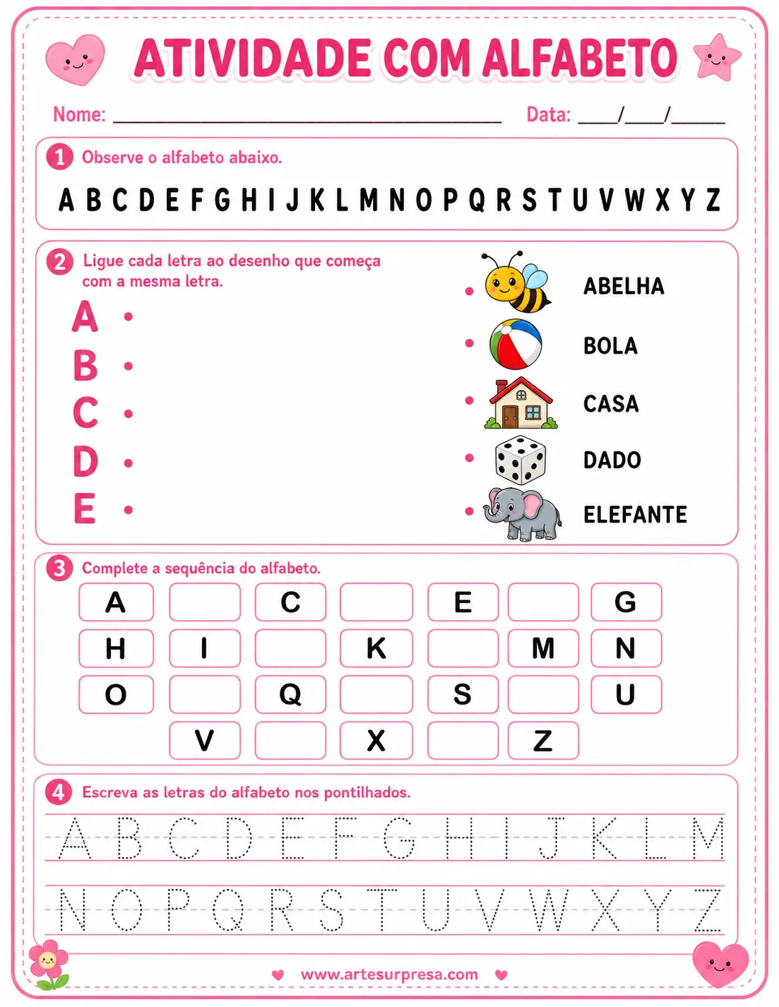 Atividade com alfabeto para imprimir com letras de A a Z, exercício de ligar letras aos desenhos, completar sequência alfabética e traçado pontilhado