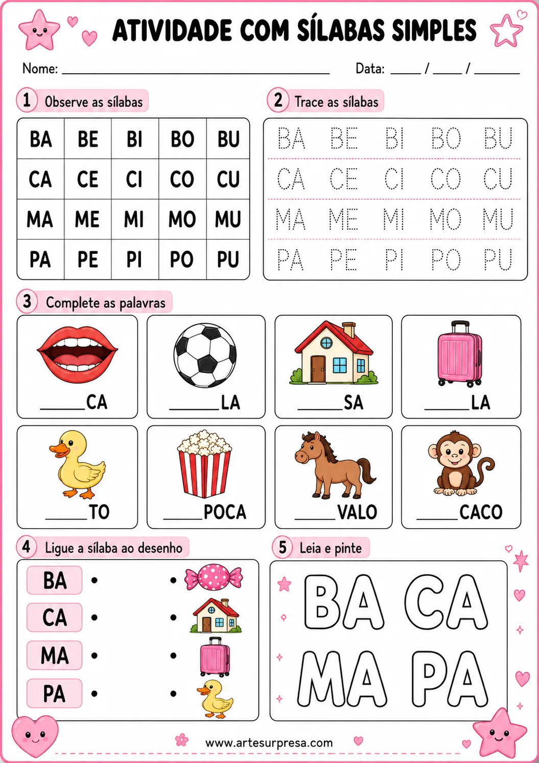 Atividade com sílabas simples para imprimir com exercícios de BA, BE, BI, BO, BU, CA, CE, CI, CO, CU, MA, ME, MI, MO, MU, PA, PE, PI, PO, PU, completar palavras, ligar sílabas aos desenhos e pintar