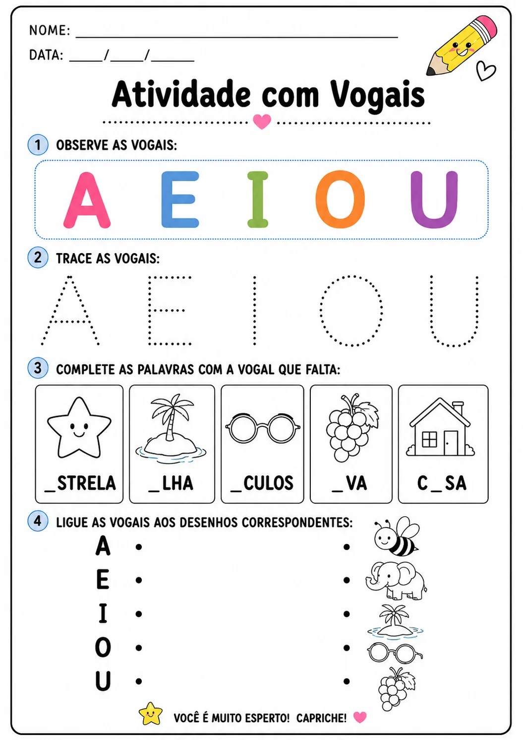 Atividade com vogais para imprimir com letras A, E, I, O, U, exercício de traçado, completar palavras com vogais e ligar desenhos às letras