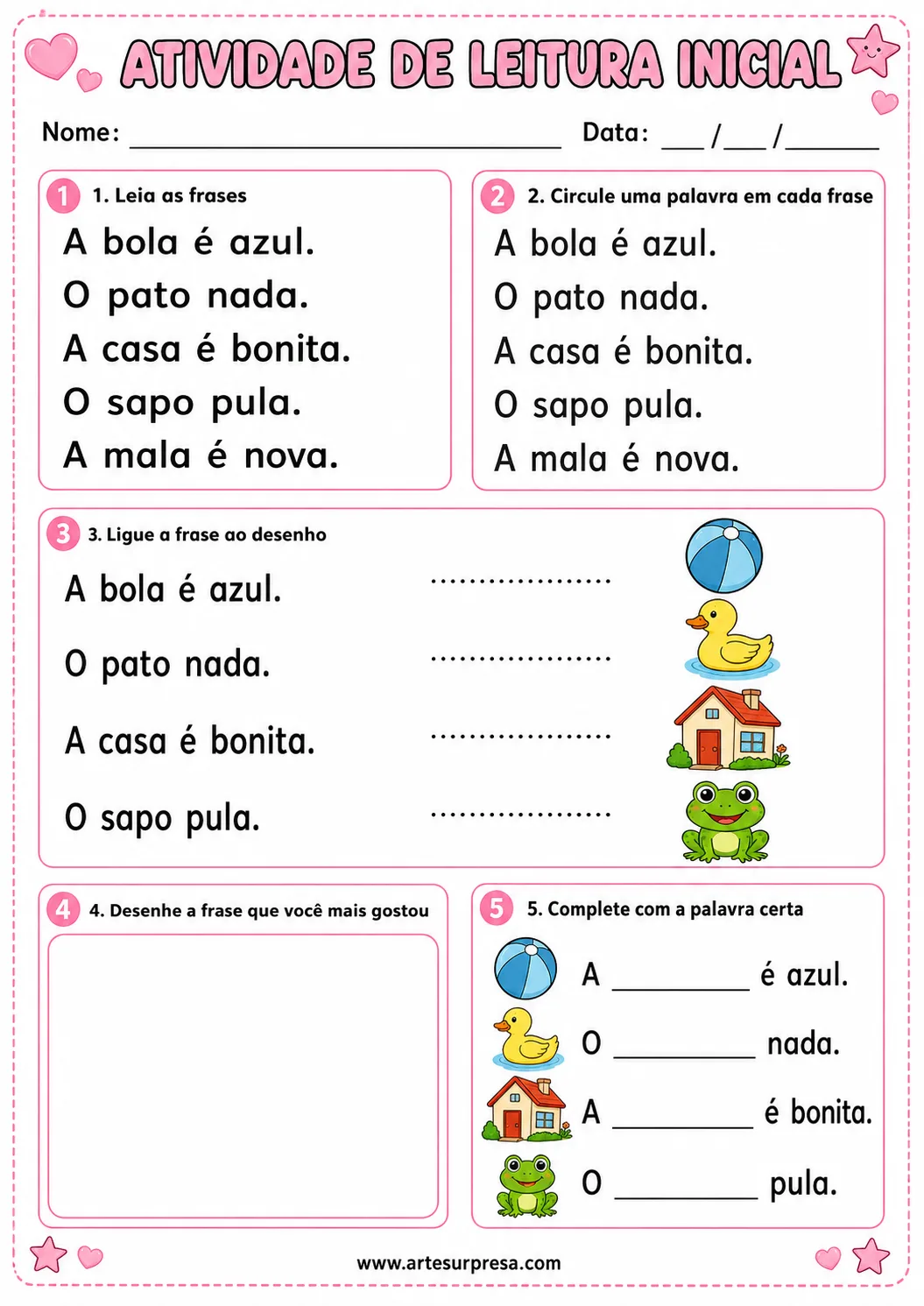Atividade de leitura inicial para imprimir com frases curtas, exercício para circular palavras, ligar frases aos desenhos, completar frases e desenhar