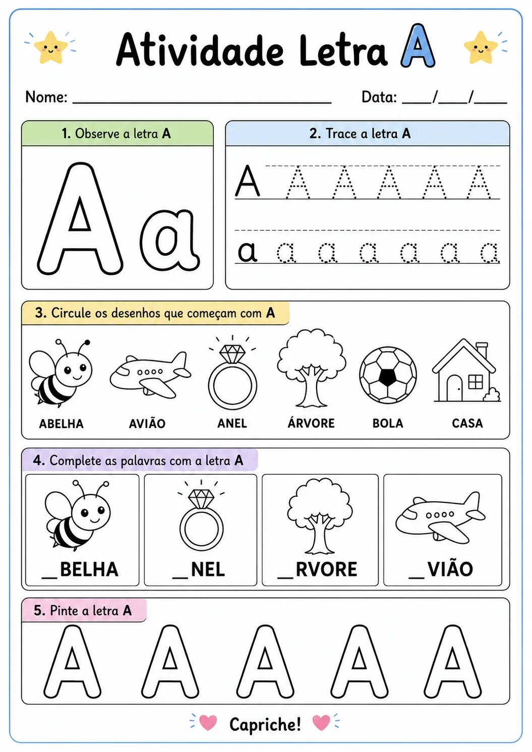 Atividade letra A para imprimir com exercícios de alfabetização, traçado da letra A, desenhos para circular, completar palavras e pintar a letra