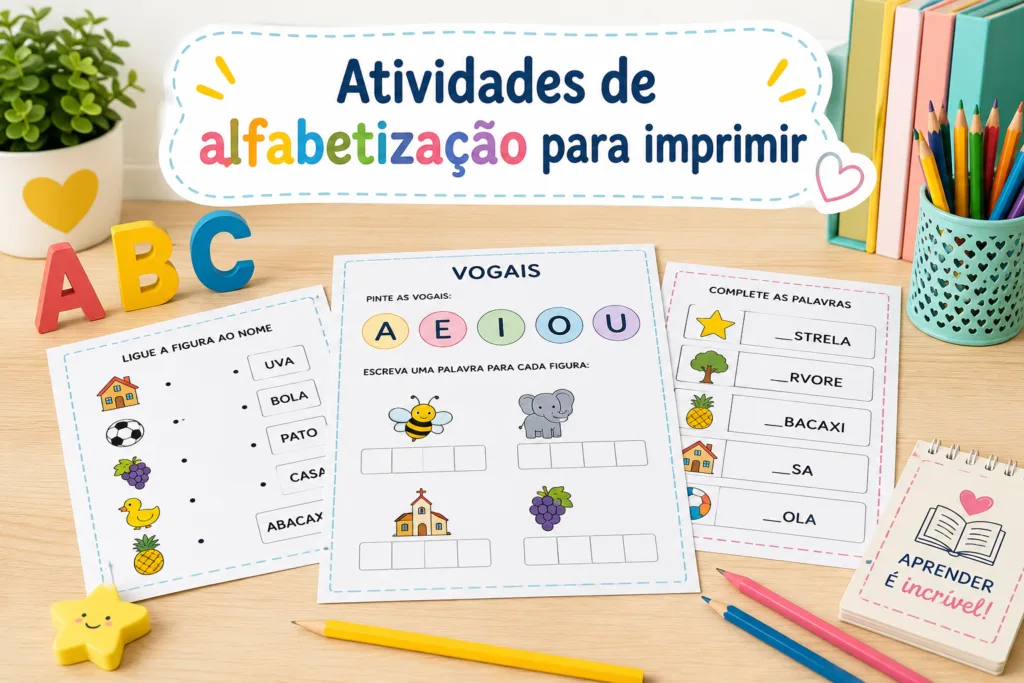 Atividades de alfabetização para imprimir com folhas de vogais, alfabeto, exercícios de leitura inicial e materiais escolares coloridos.