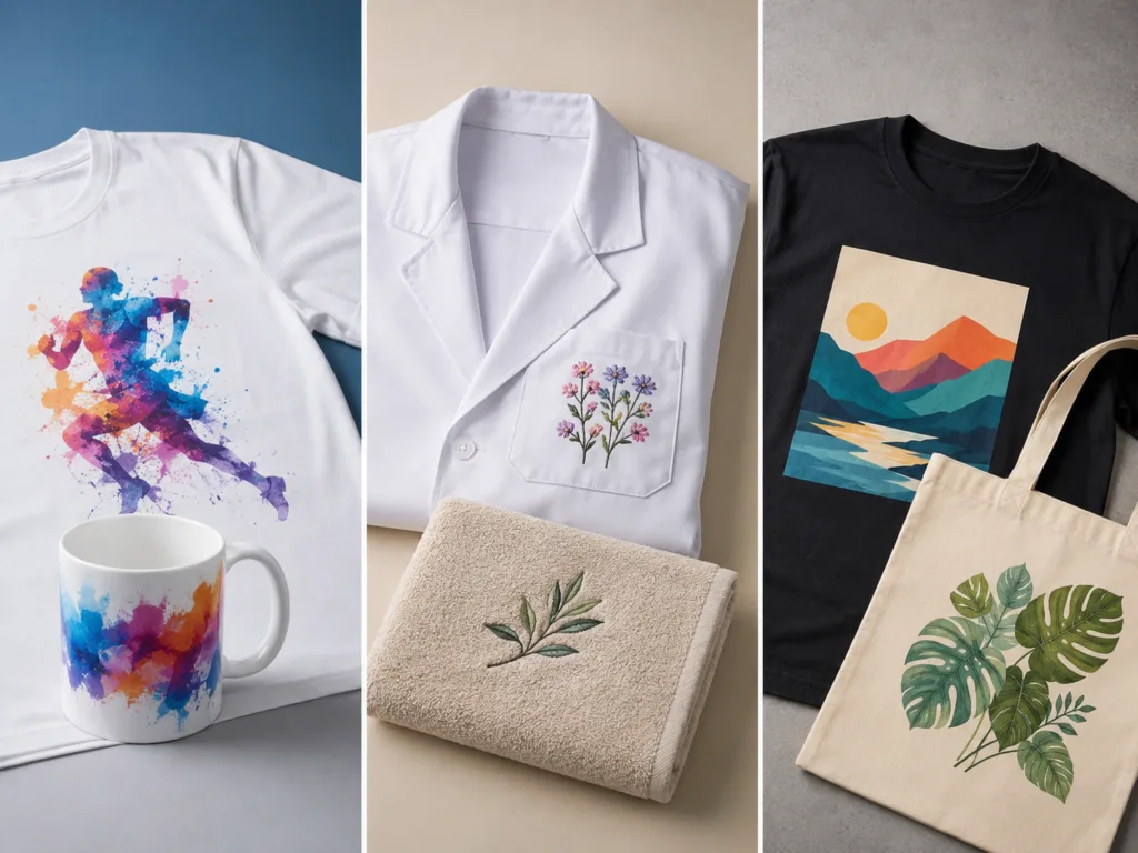 Comparativo visual de produtos personalizados feitos com sublimação, bordado e serigrafia, incluindo camiseta, caneca, toalha, jaleco e ecobag.