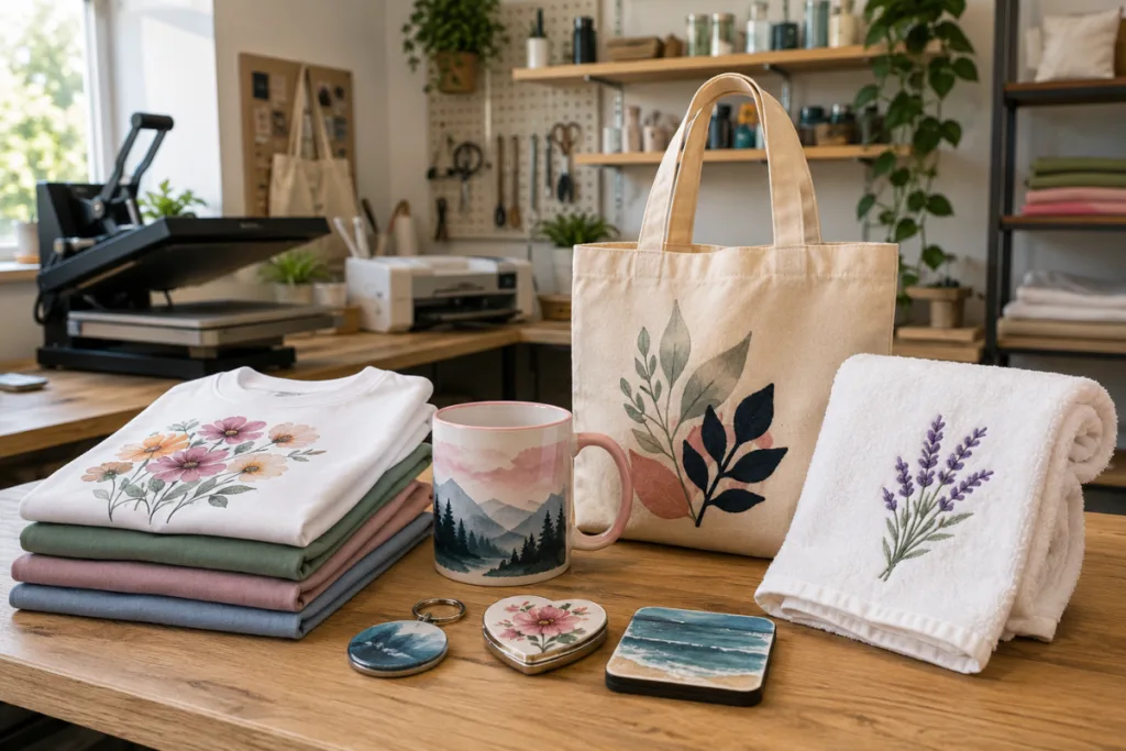 Bancada de ateliê criativo com camisetas, caneca, ecobag, toalha bordada e brindes personalizados.